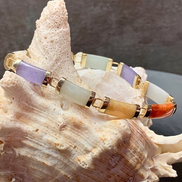 14K Gold Multicolor Jade Gemstone Bar Link Estate Vtg Tennis Bracelet J818 - Picture 3 of 9